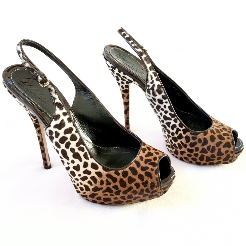 GUCCI Sophia Leopard Print Pony Hair Slingbacks